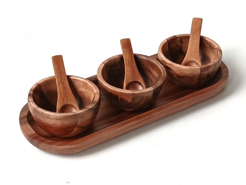 Custom-made Acacia Wood Dip Bowl Set of 3 with Serving Tray and Spoons